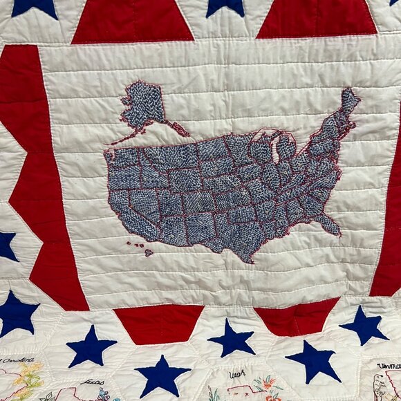 Rare 70s Hand Stitched Heirloom State Flowers Birds Statehood Patchwork Quilt - Picture 5 of 10